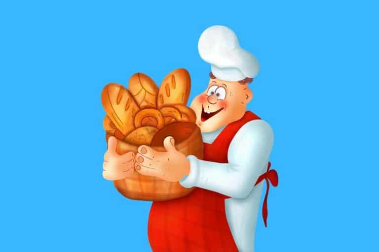 Cartoon graphic of a baker carrying a bunch of different bread on a blue background.