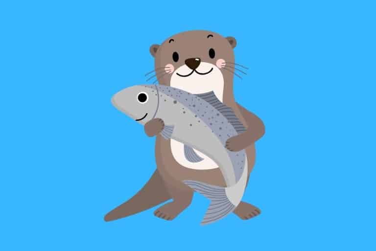 Cartoon graphic of an otter holding a fish on a blue background.