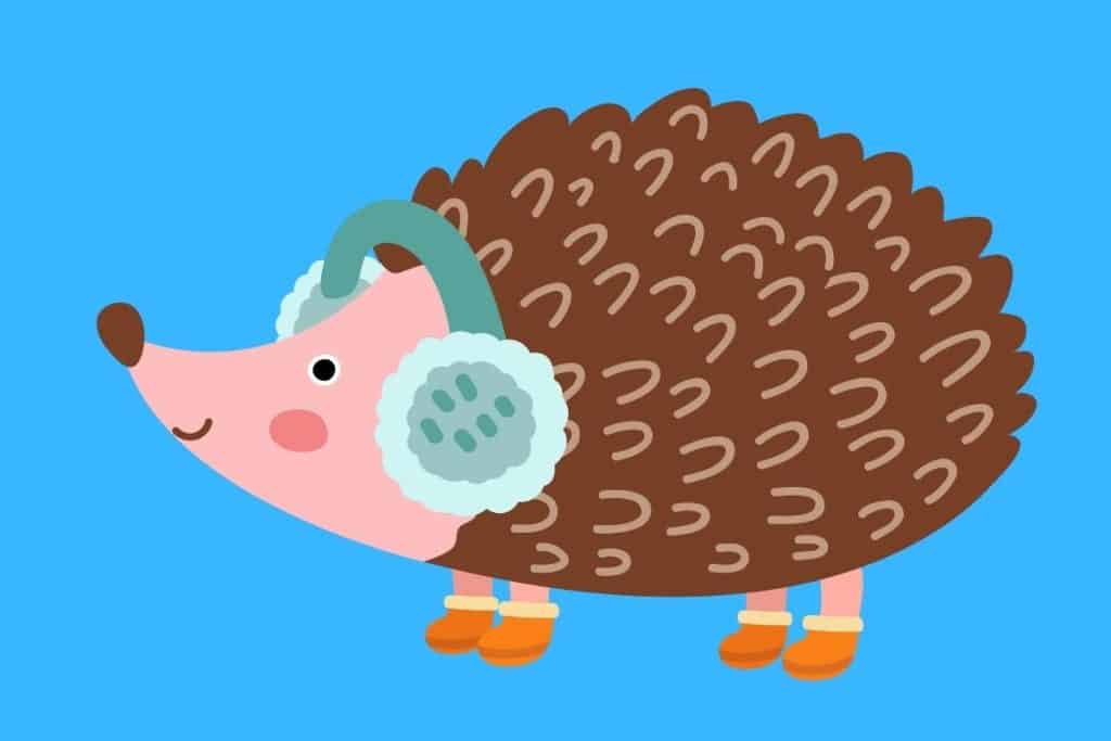 Cartoon graphic of a hedgehog wearing ear muffs on blue background.