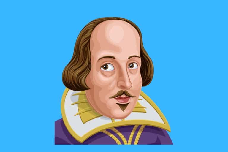 Cartoon graphic of a literary icon Shakespeare from the shoulders up on a blue background.