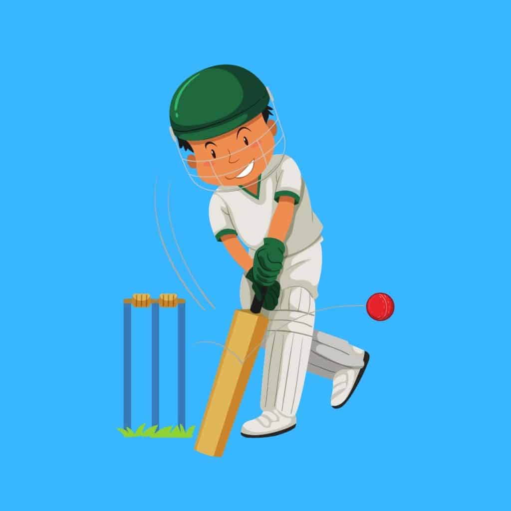 Cartoon graphic of a cricket batsman hitting a cricket ball by the wickets on blue background.