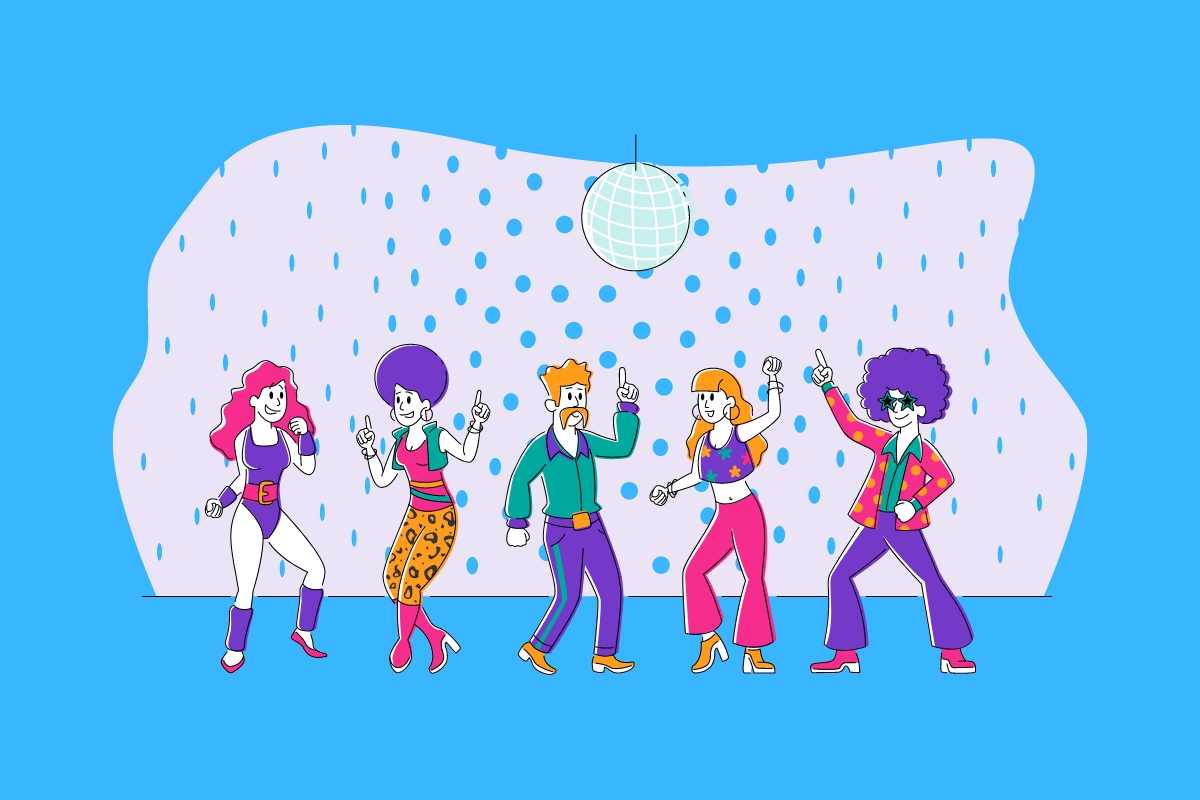 Cartoon graphic of five people doing disco dancing and wearing 70s clothes with a disco ball above, all on a blue background.