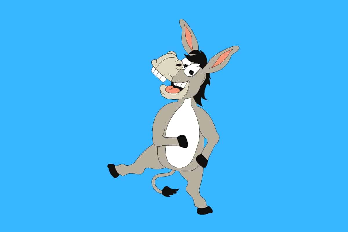 Cartoon graphic of a donkey standing on one leg dancing  on a blue background.