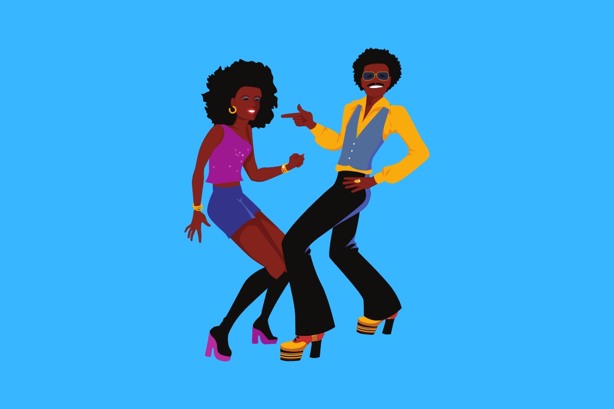 Cartoon graphic of two people dancing with disco outfits on on a blue background.