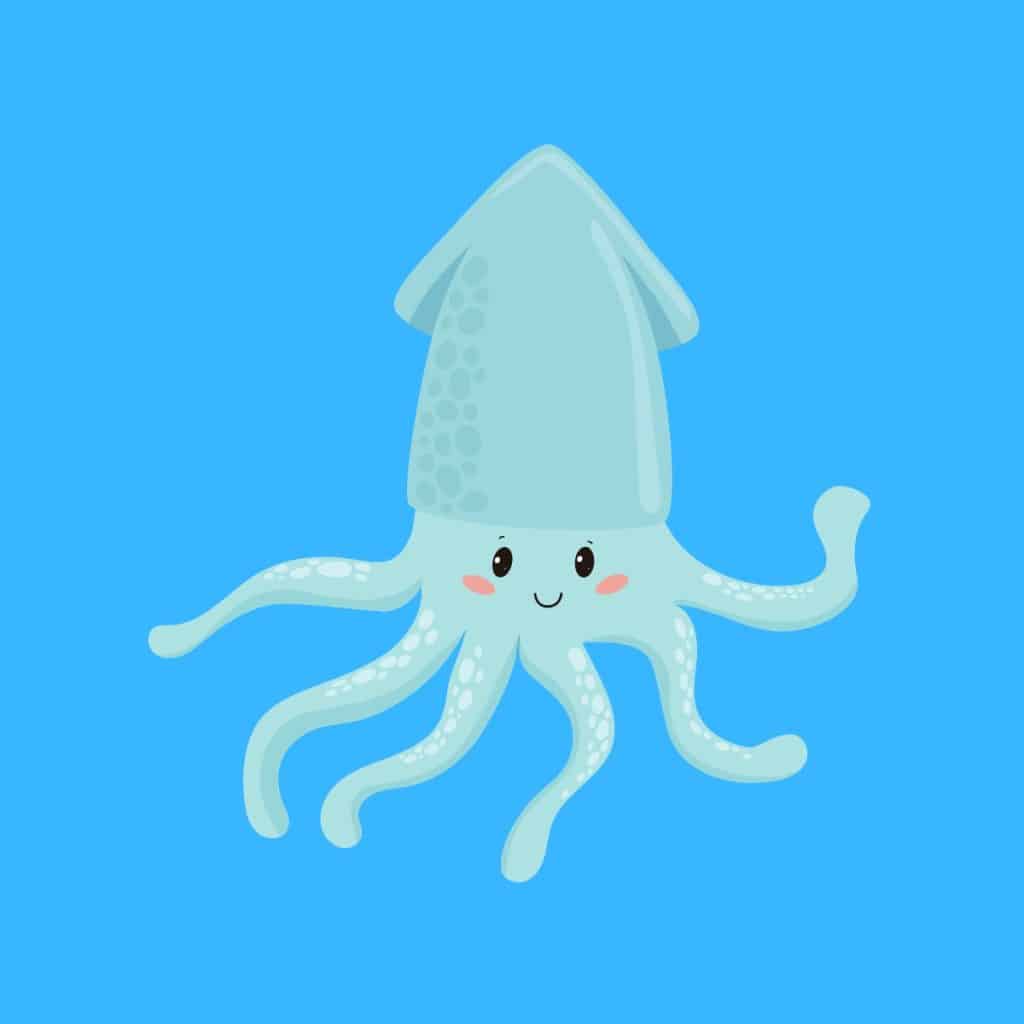 Cartoon graphic of a blue smiling squid on a blue background.