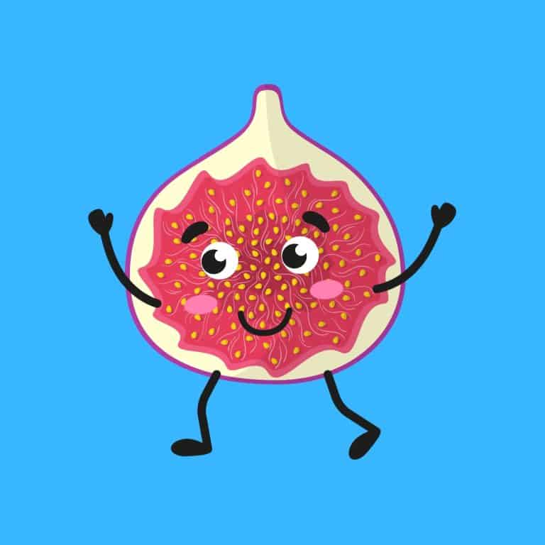 Cartoon graphic of a fig walking and smiling with hands in the air on a blue background.