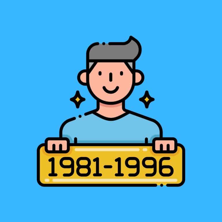 Cartoon graphic of a millennial holding a sign across his chest that reads 1981-19996 on a blue background.