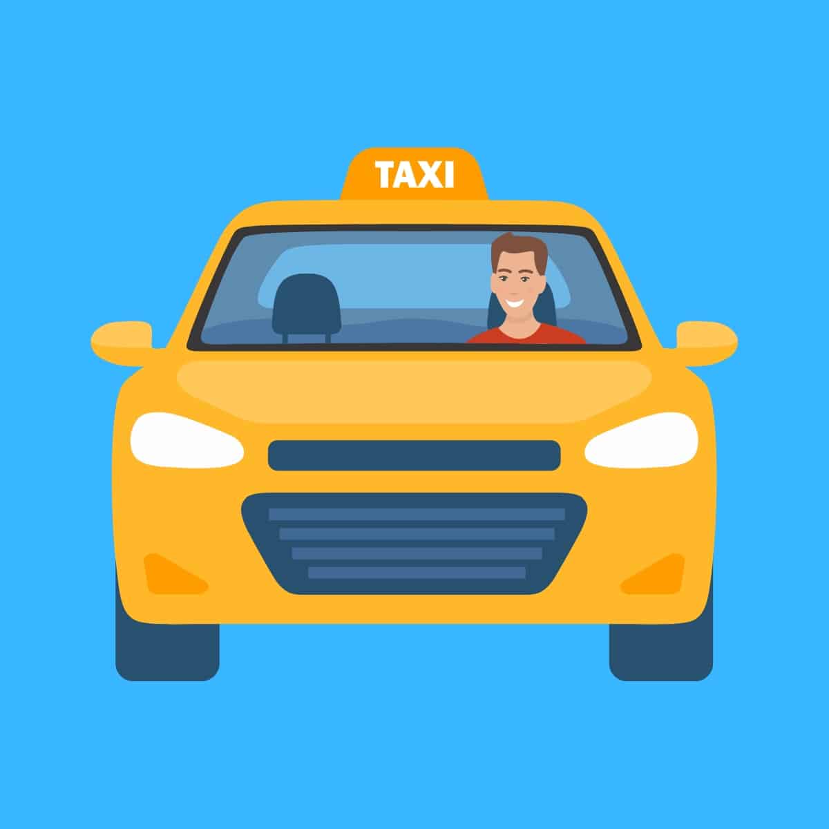 Cartoon graphic of a man driving a yellow taxi on a blue background.