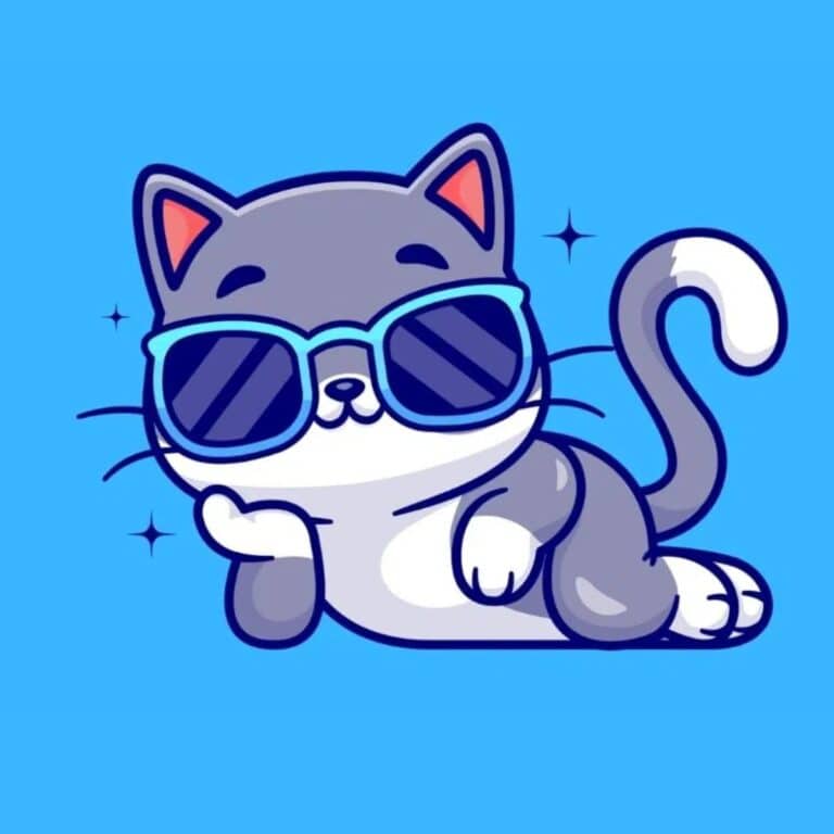 Cartoon graphic of cat with sunglasses lying down on a blue background.