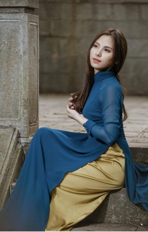 Strong teal blue Ao Dai Viet Nam double layers - Image 3