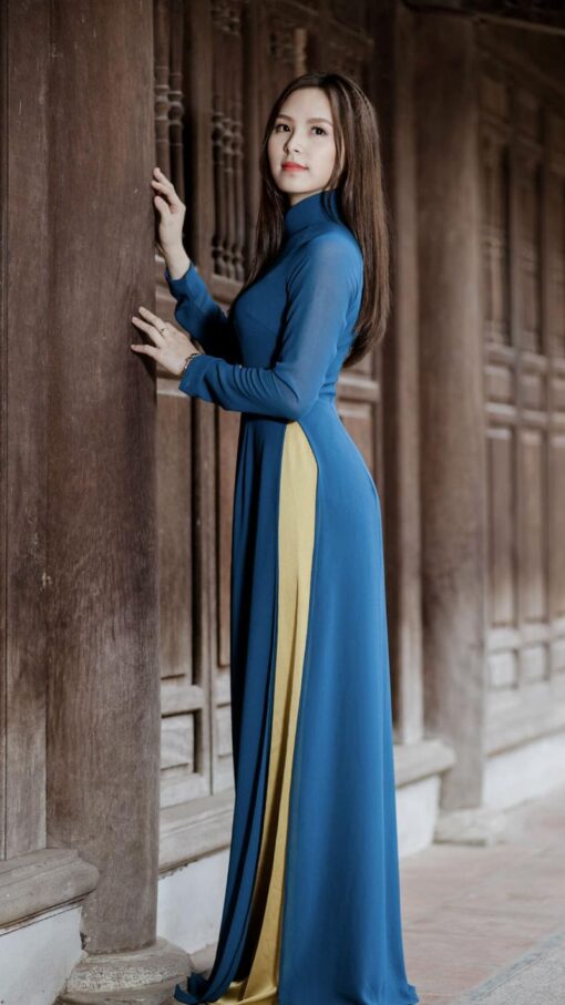 Strong teal blue Ao Dai Viet Nam double layers - Image 4