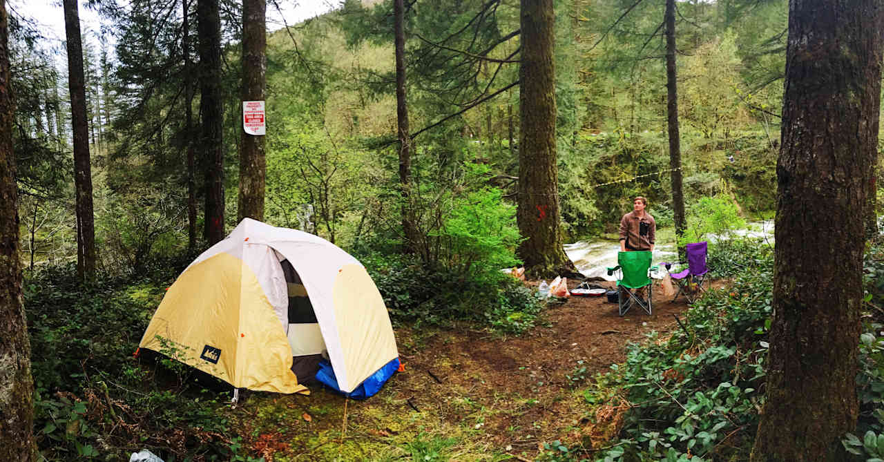 Finally back at camp! It didn't rain for the rest of the night so we were able to cook in the open and hang by the waterfall. Protip: Fairy Lights are a car camping necessity. 