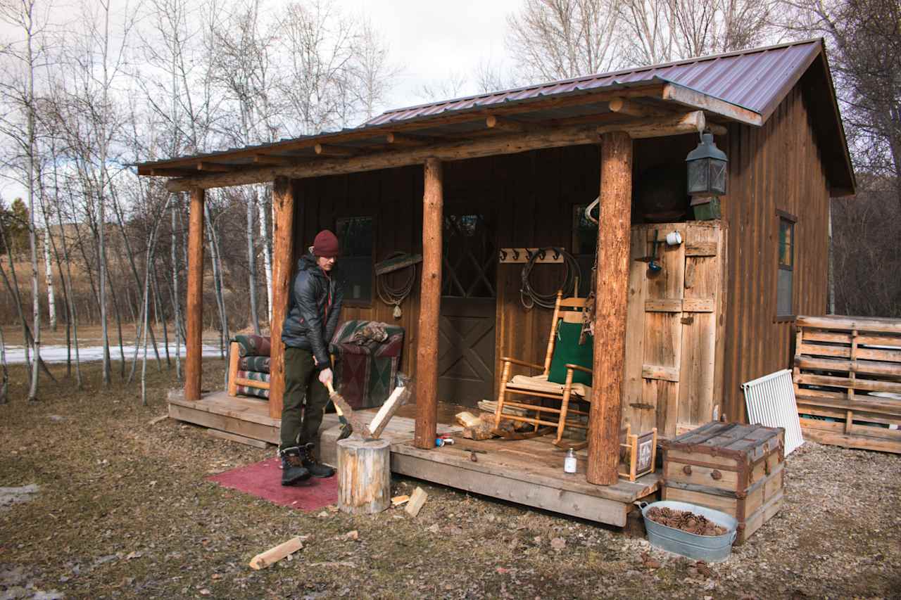 Choppin wood for the wood stove. 