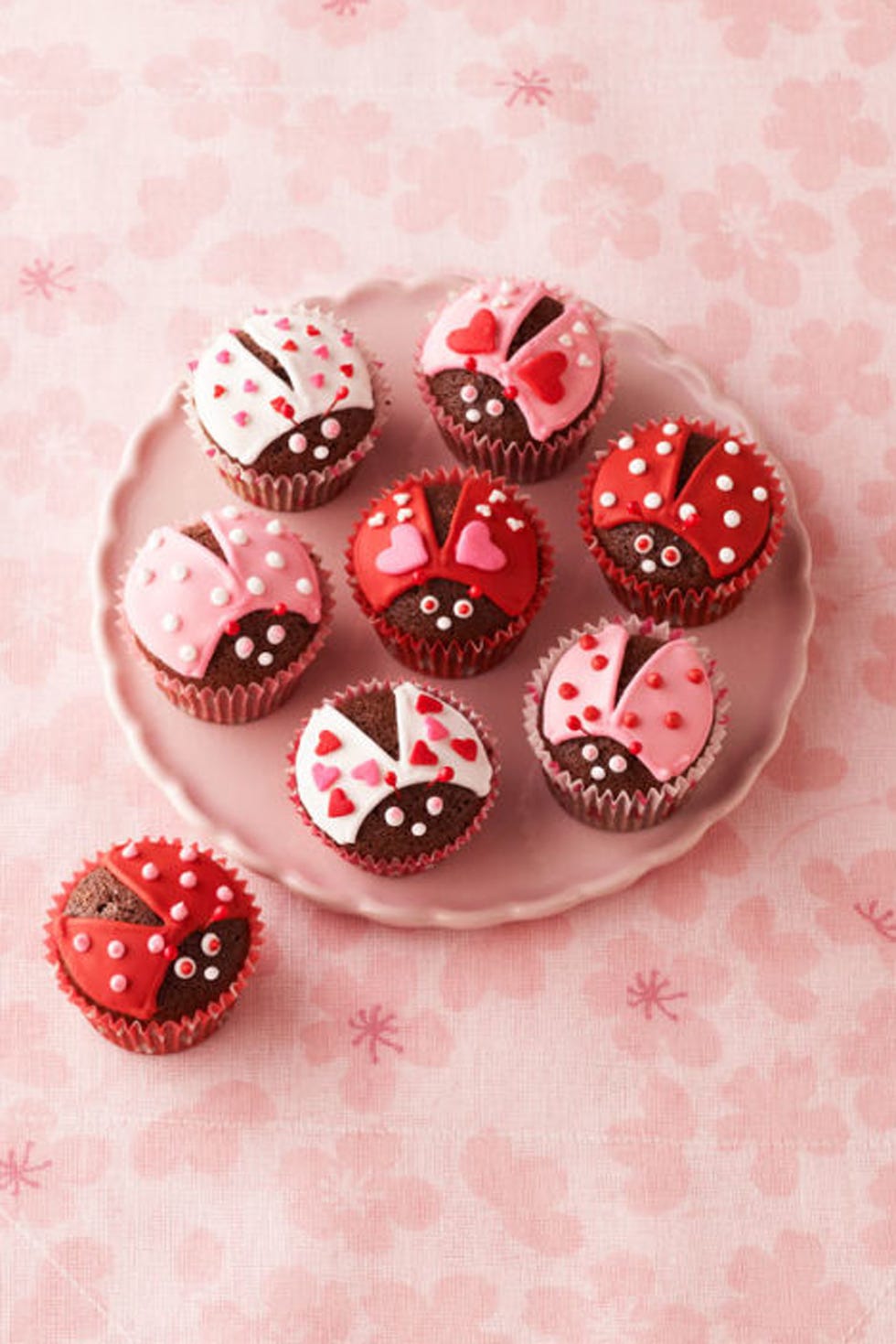 chocolate lovebugs cupcakes on a pink plate