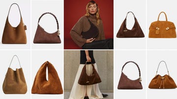 collection of suede handbags in various styles and colors