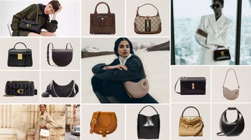 display of various designer handbags arranged in a grid format