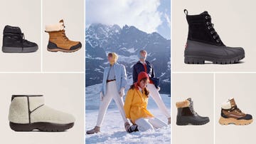 collection of winter footwear and outdoor apparel against a mountainous backdrop