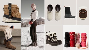 collection of winter footwear and attire for outdoor activities