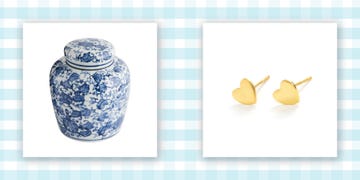 blue and white ceramic ginger jar with lid and gold heart earrings