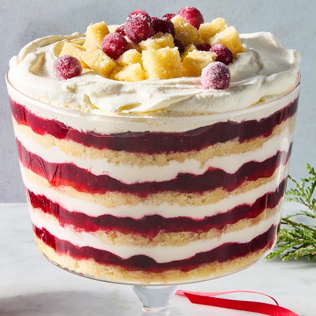 layered trifle topped with sugared cranberries