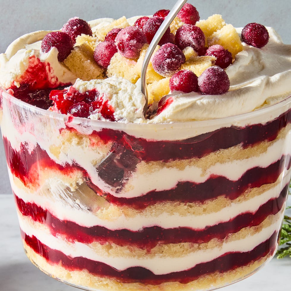 layered trifle topped with sugared cranberries