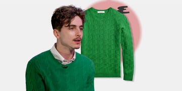 a green knitted sweater displayed alongside a person wearing it