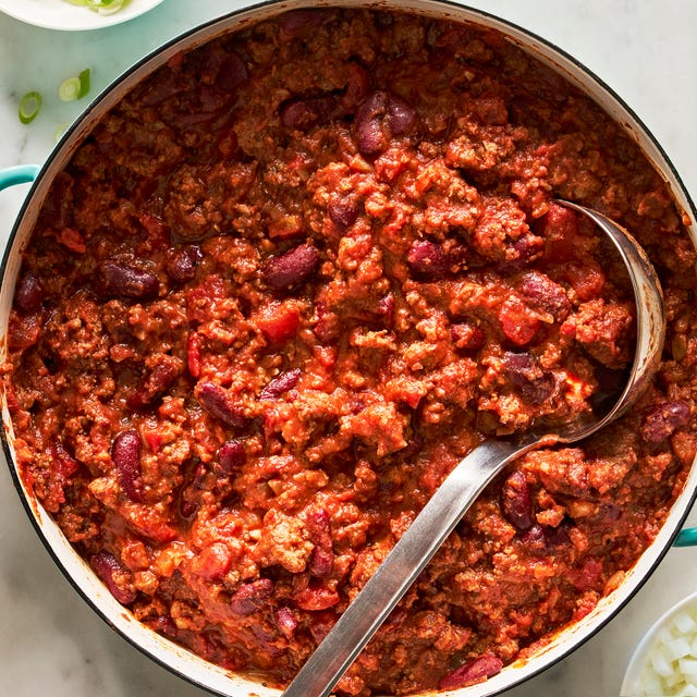 chili in a pot with beef and beans