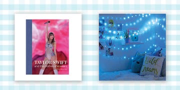 a book with taylor swift on the cover next to a girls bedroom with blue lights on the wall