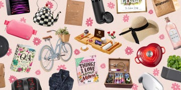 ipad, tea kettle, fanny pack, mama necklace, ember tumbler, things i love about mom book, irish gin, eye massager with heat, le creuset enameled cast iron heart, indoor herb garden kit, beach cruiser bike, sewing kit box, whatever bag, family house portrait, q and a book, foot massager