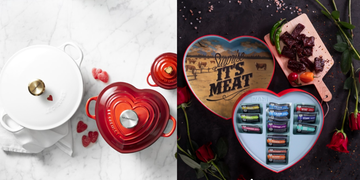 a table top with cast iron pots on it next to a heart shaped box of beef jerky inside