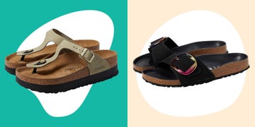 two pairs of sandals on different colored backgrounds