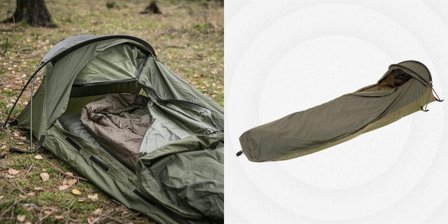 green bivvy sack set up on grass