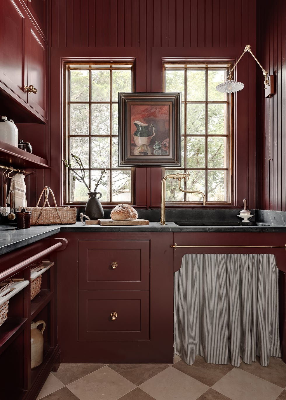 red kitchen with large window