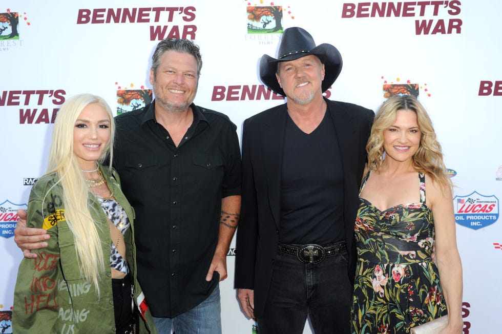 burbank, california   august 13 l r gwen stefani, blake shelton, trace adkins, and victoria pratt attend bennetts war los angeles premiere at warner bros studios on august 13, 2019 in burbank, california photo by joshua blanchardgetty images for forrest film