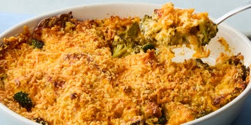 broccoli cheese casserole topped with panko breadcrumbs