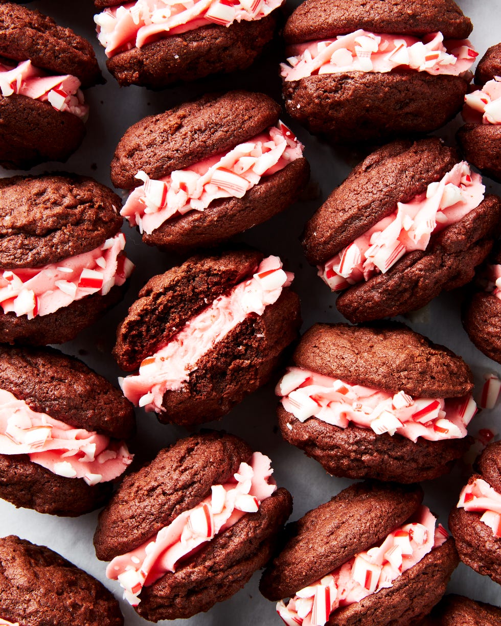 chocolate whoopie pies with a candy cane filling