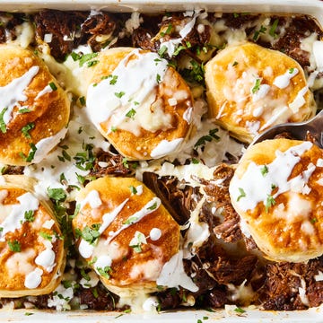 casserole filled with barbacoa topped with biscuits