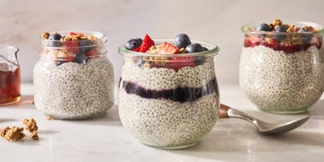 chia pudding with berries, granola, and jam