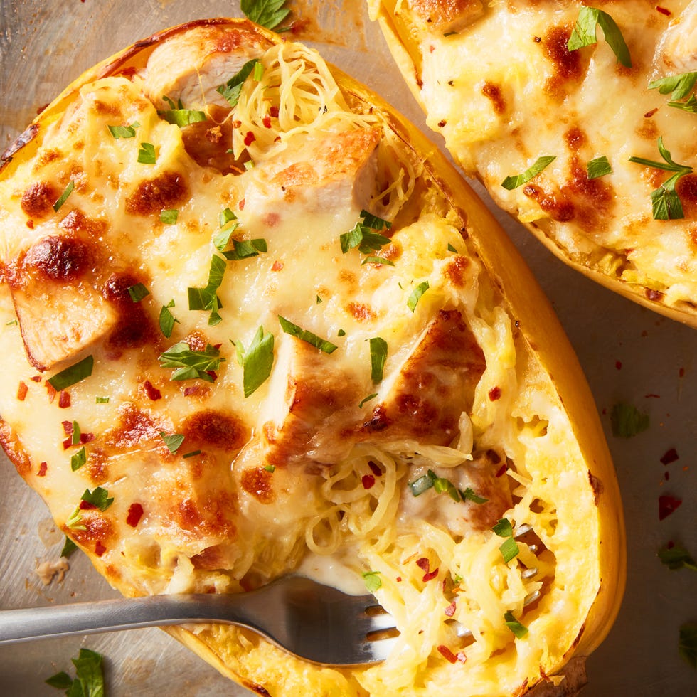 spaghetti squash baked with alfredo sauce and cheese