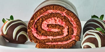 chocolate covered swill roll with a strawberry swirl