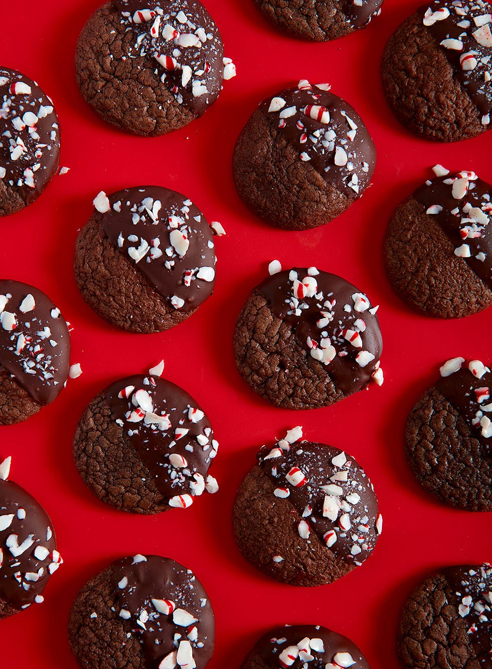 chocolate peppermint cookies half covered in chocolate with crushed peppermint candies