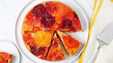 citrus upside down cake topped with thyme