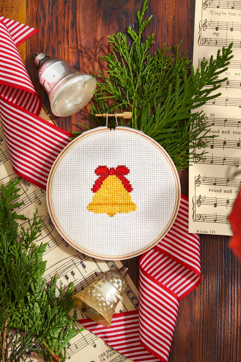 bell with red bow cross stitch,