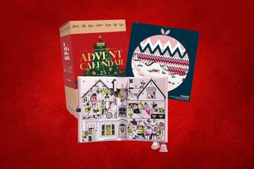 the brew company, yawn brew and grind coffee advent calendars for 2024 shown together against a deep red background