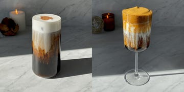 coffee drinks on a white marble countertop