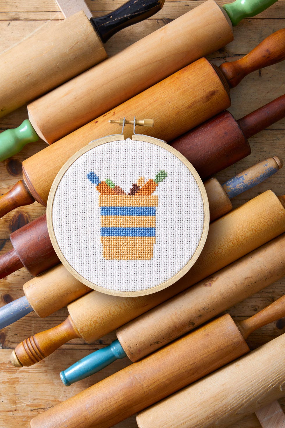 crock cross stitch with rolling pins