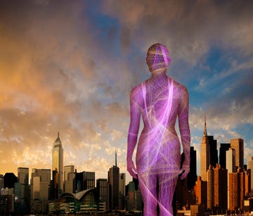 cyberspace woman standing near city skyline