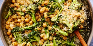 butter toasted chickpeas and seared broccoli are tossed in a rich alfredo style sauce made from heavy cream, shallots, garlic, and parmesan to create this 35 minute skillet dinner