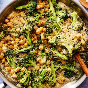 butter toasted chickpeas and seared broccoli are tossed in a rich alfredo style sauce made from heavy cream, shallots, garlic, and parmesan to create this 35 minute skillet dinner