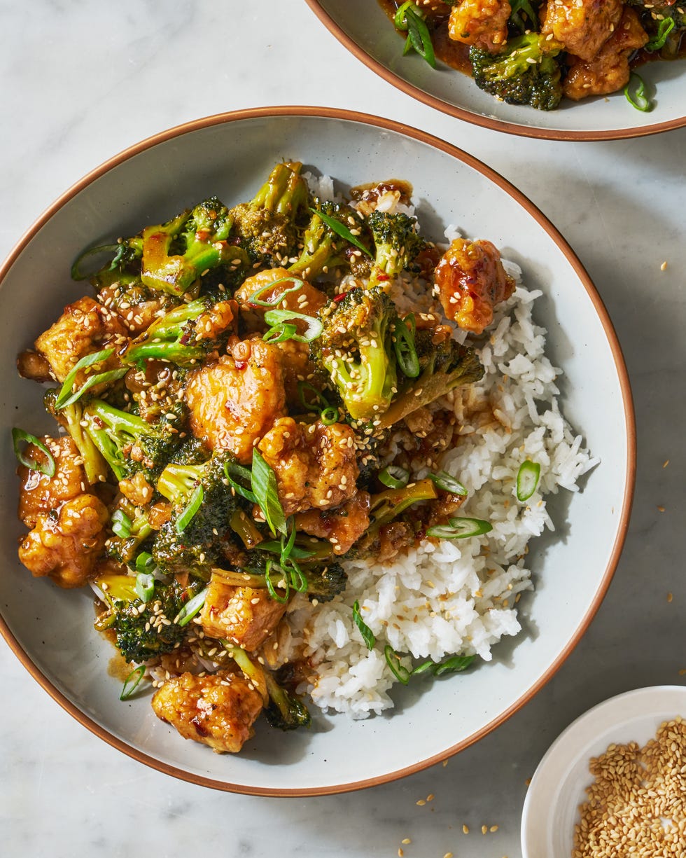 crispy baked tofu tossed with a sweet and savory chili spiked sesame sauce and crisp tender broccoli